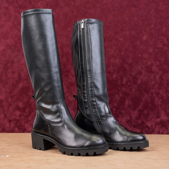 Paul Green Women Bravo Black Leather Lug Sole Fashion Tall Boots sz 9US AUS 6.5 - Picture 1 of 10